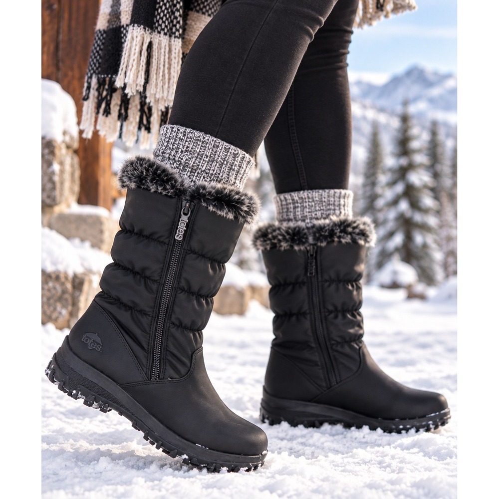 Totes Henrique II Womens Black Waterproof Winter Snow Boots Faux Fur Trim 9M